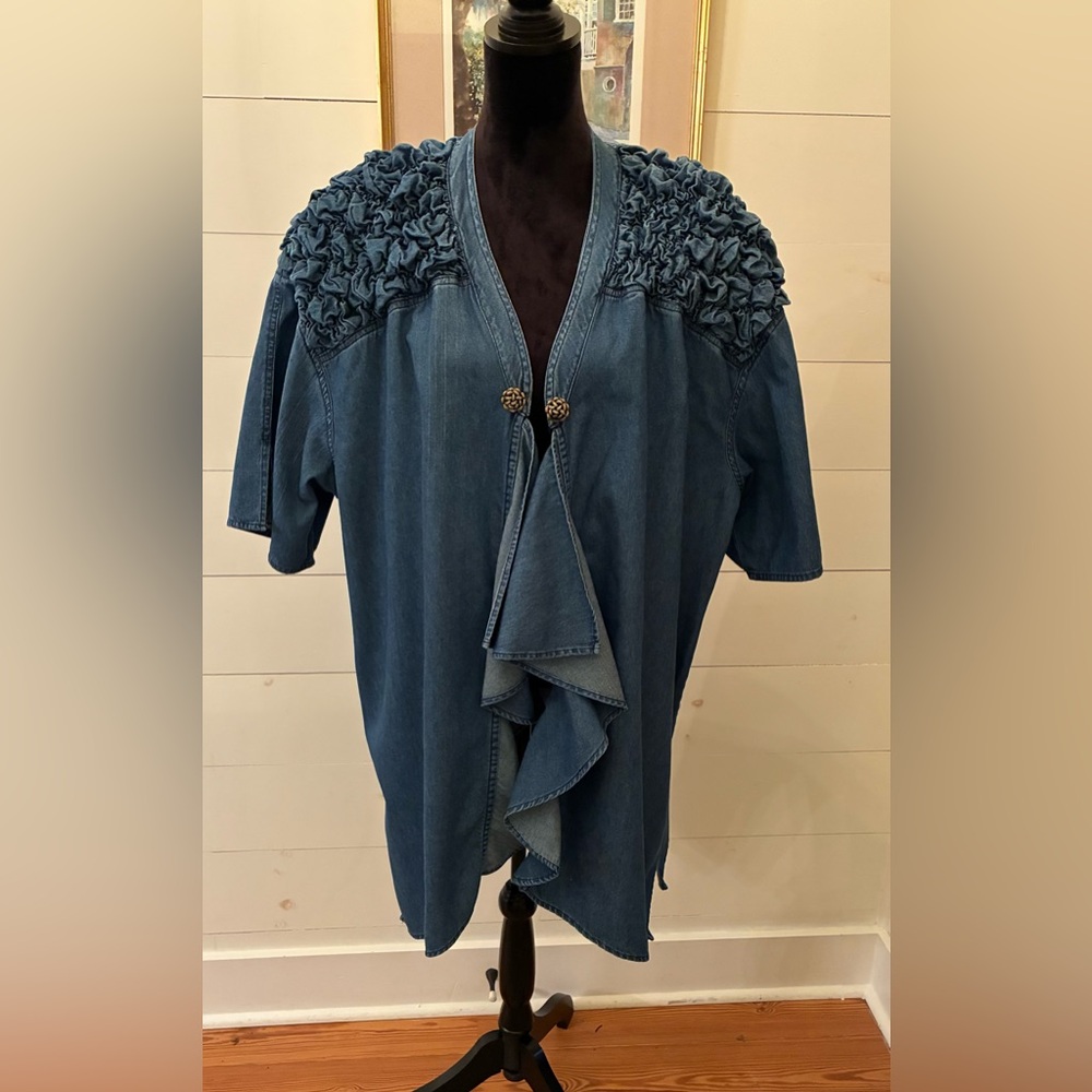 Monaco Jean Vintage Denim Coat Shoulder Pad Ruffle Duster size 24 cool